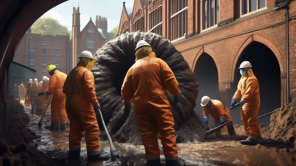 An intricate digital illustration depicting a team of workers in protective gear removing a massive 35-ton fatberg from the historic Abbey Mills sewer system, with detailed Victorian architecture in t