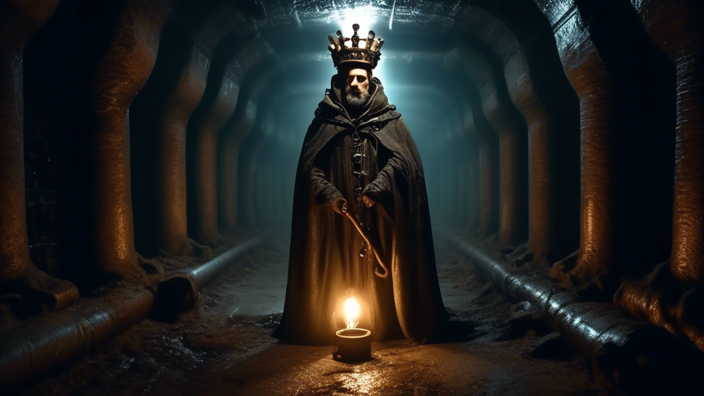A surrealistic artwork of a man crowned as the Sewer King, wearing a regal, grimy cloak and a crown made of pipes and gears, leading a group of explorers through the vast, shadowy tunnels of Madrid's