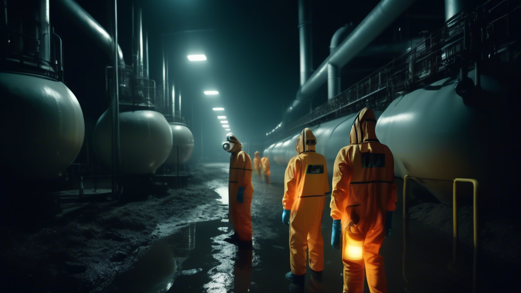 An eerie night scene at a chemical plant in Toledo featuring workers in hazmat suits examining a glowing, polluted drainage system, with mysterious fumes rising and a warning sign visible.