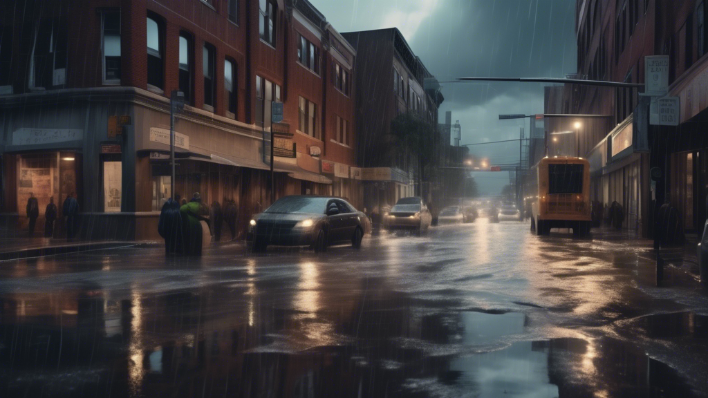 A digital artwork depicting a bustling, historic city street in Raleigh contrasted with visible sewer overflows, illustrating the strain of old infrastructure under the pressure of a growing populatio