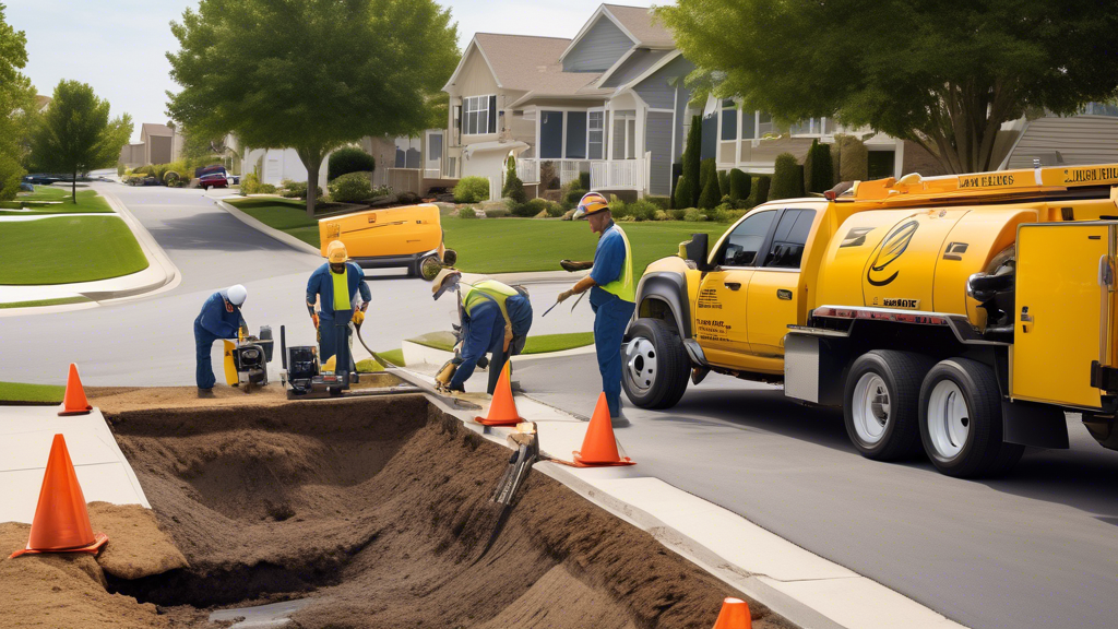 Create an image depicting a modern trenchless sewer line replacement service in a suburban neighborhood. Show workers using advanced equipment below the surface with minimal disruption to the yard or surroundings. Include signs of a clean and efficient process, such as neatly arranged tools and smiling technicians.