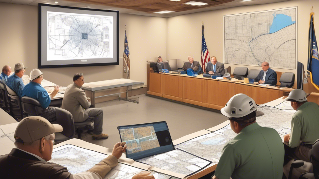An image depicting a bustling city council meeting in Madera, with officials examining blueprints and discussing plans. In the foreground, display a large, detailed map highlighting the problematic se
