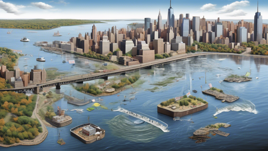 Create a detailed and realistic image of a section of the Hudson River with a visible sewage discharge point where partially treated sewage is being released into the water. Show concerned citizens an