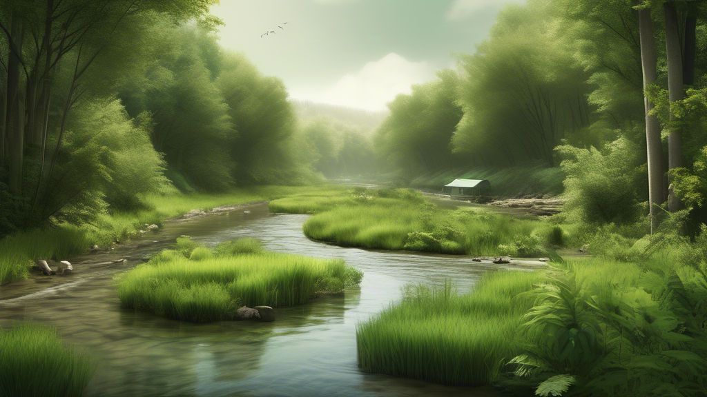Create an image of a serene creek running through a lush, green forest near a small town, with a noticeable contrast where part of the water appears polluted and murky. Add a sign by the creek that re