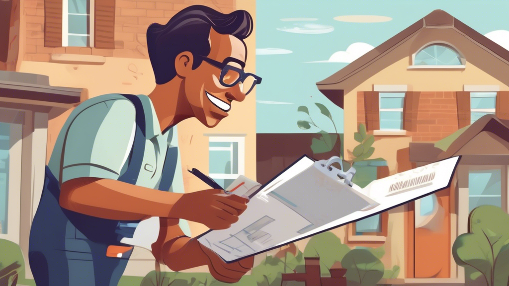 Create a detailed illustration that shows a homeowner carefully evaluating different sewer repair companies. The scene should include a house with visible sewer system issues, such as a broken pipe or water leakage. The homeowner is holding a clipboard with a checklist, comparing several business cards or brochures from various repair companies. In the background, a professional technician can be seen examining the pipes. Make sure to include icons or symbols that represent reliability, expertise, and customer satisfaction.