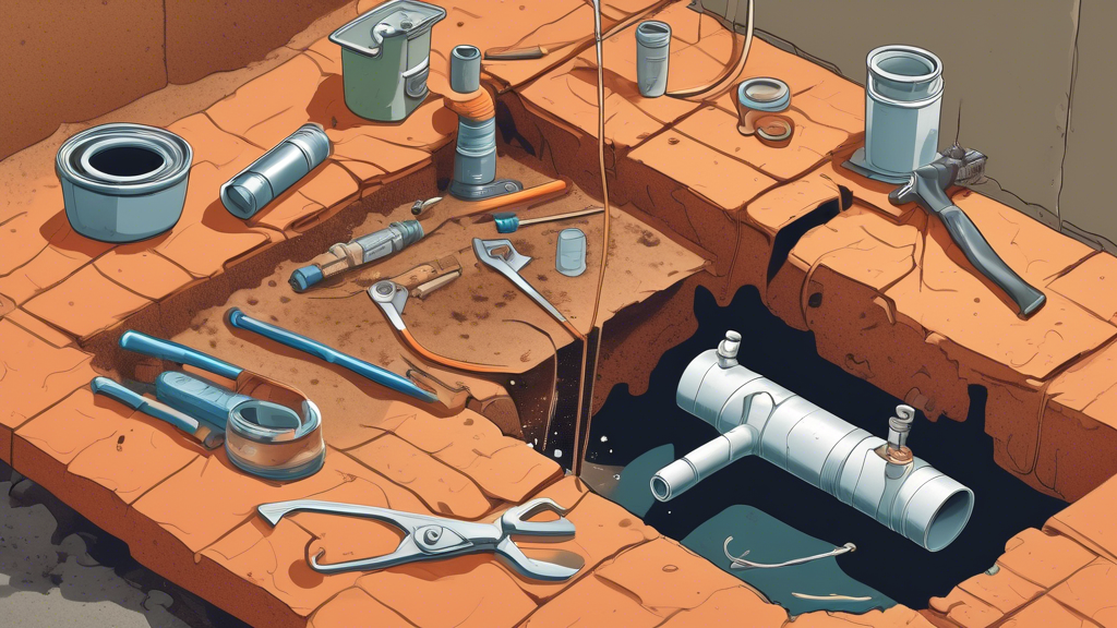 Here's a DALL-E prompt for an image related to this article:nnA detailed illustration of a homeowner repairing a sewer drain, showing various tools and materials needed for DIY sewer repair. The image should include a cross-section view of the ground, revealing the pipe and surrounding soil, with the homeowner working above ground. Include elements like a pipe wrench, shovel, replacement pipe section, and safety gear to emphasize the DIY aspect.