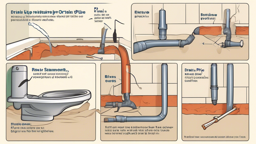 Create an illustration showing a step-by-step guide for effective drain pipe repair. Include tools like a pipe cutter, pipe wrench, plumber's tape, and PVC glue. Depict a variety of common problems such as cracks, clogs, and leaks with corresponding repair solutions. The background should show a typical home basement or under-sink area where these repairs often take place.