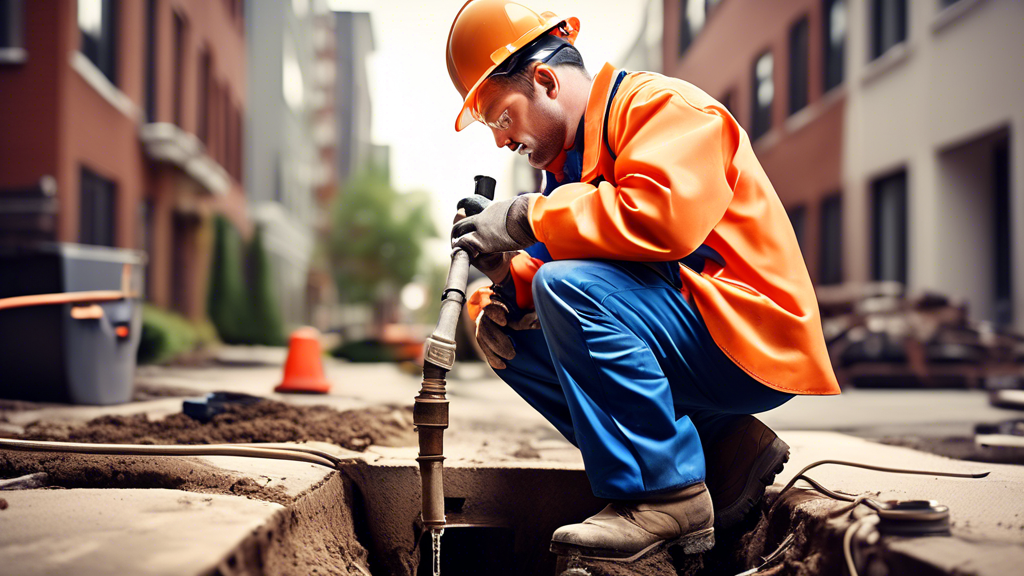 Create an image of a professional plumber working diligently to repair a sewer line. The scene should include key elements like excavation tools, protective gear, and advanced plumbing equipment. The background should showcase an urban neighborhood with both residential and commercial buildings, highlighting the importance of effective sewer line maintenance in maintaining community infrastructure. There could be a technical diagram or blueprint visible, emphasizing the precision and expertise required for such repairs.