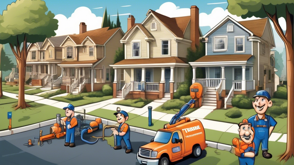 Create a detailed illustration of a suburban neighborhood with a team of professional plumbers performing trenchless plumbing services. Showcase advanced equipment, such as pipe-bursting machines and video inspection tools, being used by uniformed workers. Include a sign or banner highlighting 'Reliable Trenchless Plumbing Services' and a certificate or badge emphasizing 'Certified and Trusted.' The background should feature well-maintained homes with lush green lawns, indicating a clean and efficient process.