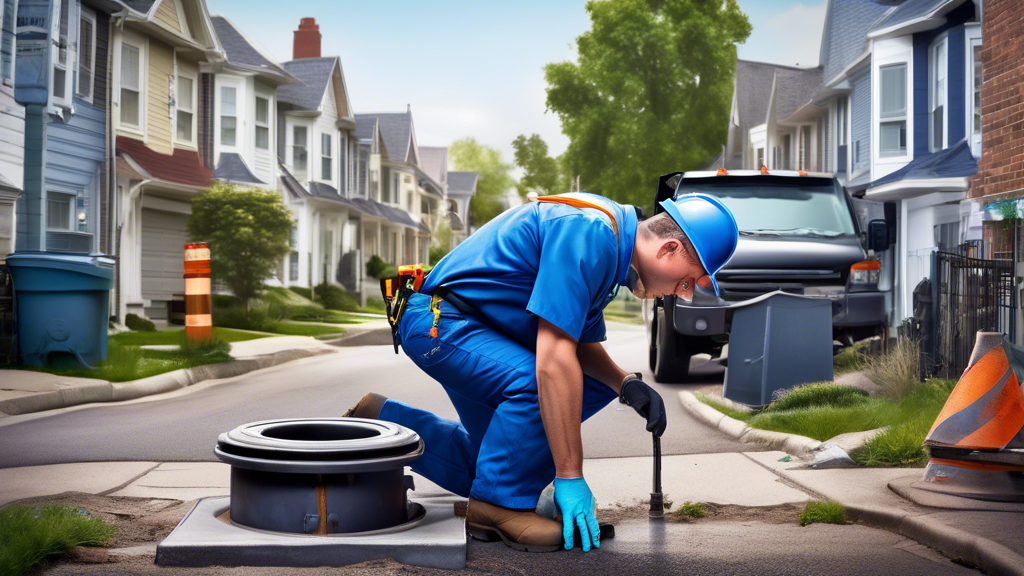 Here's a DALL-E prompt for an image related to this article:nnA professional plumber in a blue uniform kneeling next to an open manhole, inspecting underground pipes with specialized equipment. In the background, a residential street with houses and a parked service truck with 'Local Sewer Services' written on its side.