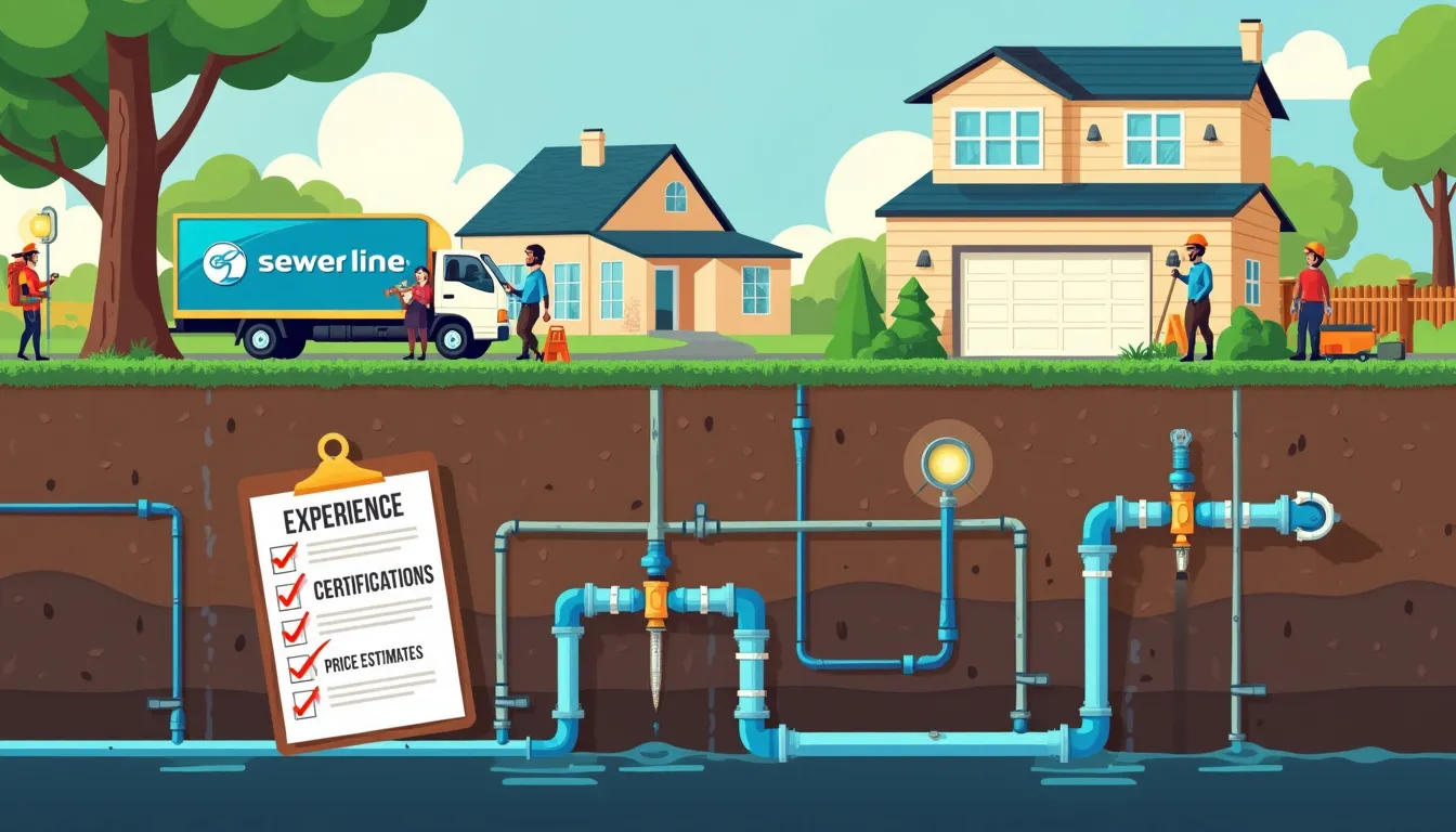 A detailed illustration showing homeowners comparing different sewer line repair companies. The scene includes checklists with key tips like 'Experience', 'Certifications', 'Reviews', and 'Price Estimates'. The background features a suburban neighborhood with visible underground pipes and repair workers in action.