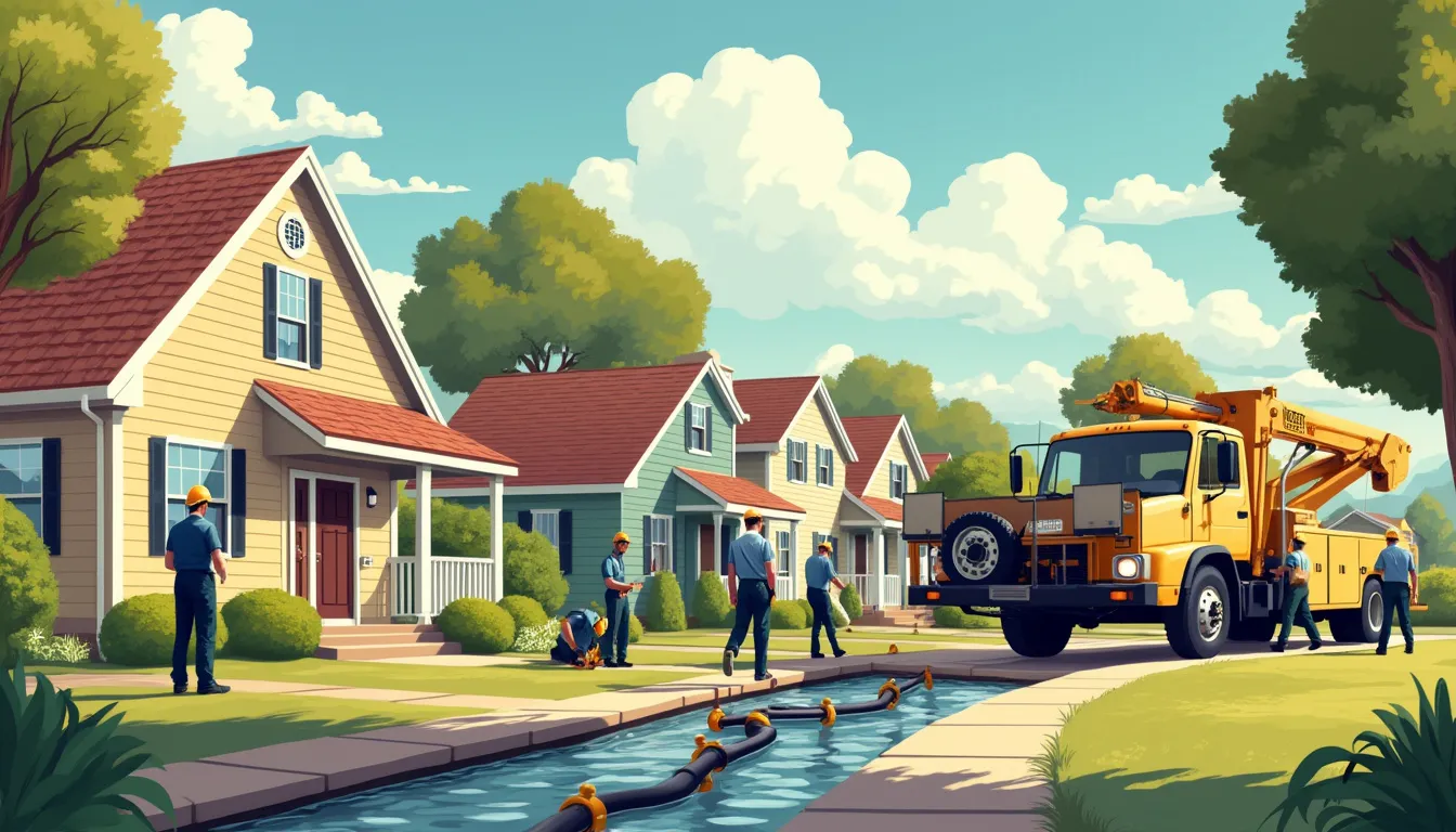 Create an illustration depicting a suburban neighborhood with a focus on a reliable sewer repair service in action. Show a team of professional technicians wearing uniforms and working efficiently on a sewer line. Include utility vehicles parked nearby with company logos, indicating a trusted service. The scene is warm and inviting, with homeowners observing the work from a safe distance and looking relieved. Highlight elements like tools, safety gear, and an organized work area to convey professionalism and trustworthiness.